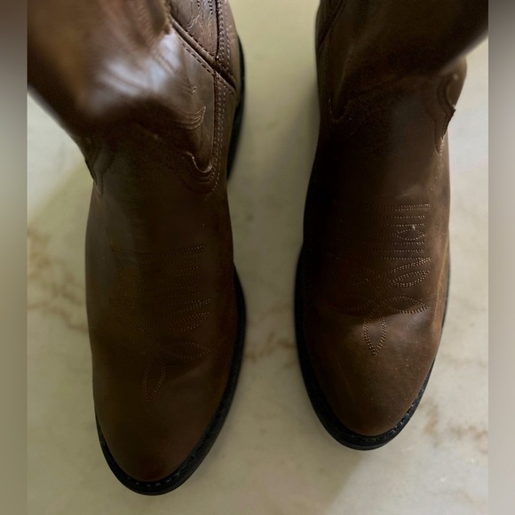 Justin Dark Brown Tan Leather Men's 12 B Round Toe Western Heel Cowboy Boots - Picture 6 of 7